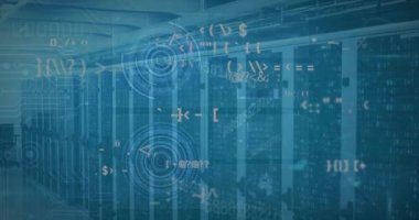 Animation of graphs and charts on interface with data processing over computer server room. Global communication, business, data and digital interface concept digitally generated video.
