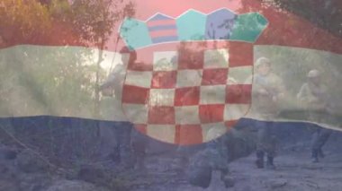 Animation of digital fireworks exploding and croatia flag waving over army soldiers with guns in war. Digital composite, multiple exposure, pride, military, armed forces, patriotism, identity.