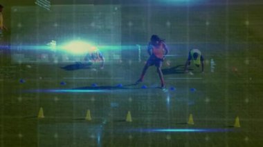 Animation of digital interface over football players. global connections, sports and competition concept digitally generated video.