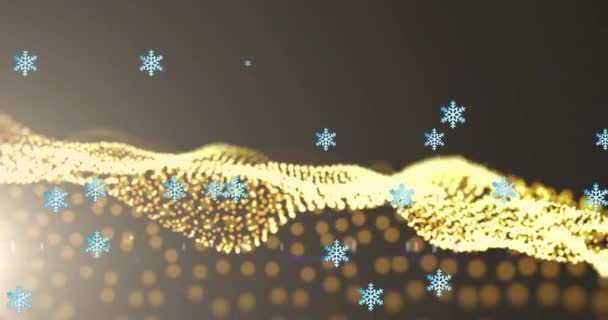 Animation Digital Snowflakes Falling Illuminated Golden Light Waves Black Background — Stock video