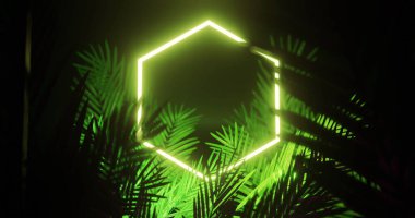 Image of leaves over yellow neon hexagon on black background. Light, pattern and movement concept digitally generated image.