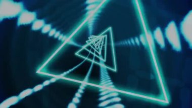 Animation of triangles moving in loop over lights against blue background. Digitally generated, hologram, futuristic and technology concept.