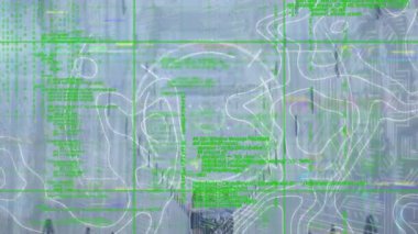 Animation of data processing and scope scanning over topography against computer server room. Global networking and business data storage technology concept