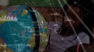 Animation of network of connections over biracial schoolgirl with globe. global connections, education and digital interface concept digitally generated video.