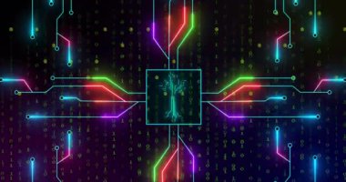 Animation of integrated circuit over binary code on digital screen. Digital screen, interface, computers, data and technology concept digitally generated video.