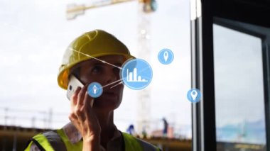 Animation of network of connections over caucasian female engineer using smartphone. global business, connections and technology concept digitally generated video.
