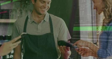 Animation of lines and data processing over happy caucasian woman paying with smartphone at cafe. Data processing, communication and technology devices concept digitally generated video.