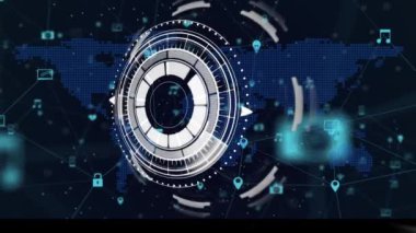 Animation of digital infographic interface with moving circle, graphs over digital map. Digitally generated, hologram, telecommunication, futuristic and technology concept.