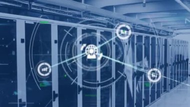 Animation of networks of connections with icons over computer servers. Global computing, connections, data processing and digital interface concept digitally generated video.