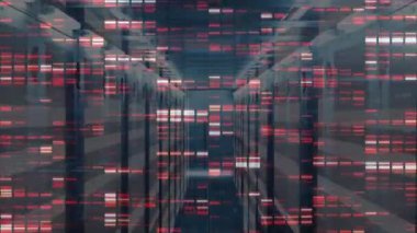 Animation of mosaic squares and light trails against computer server room. Global networking and business data storage technology concept