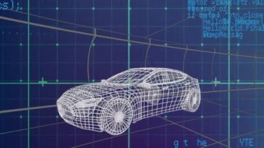Animation of data processing over grid network against 3d car model on blue background. Automobile design and business technology concept