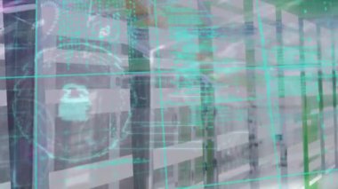 Animation of data processing and light trails over security padlock icon against server room. Cyber security and business data storage technology concept