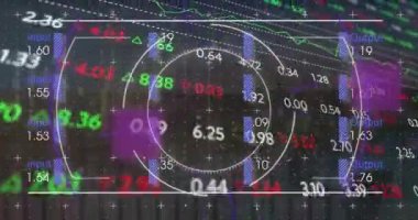 Animation of viewfinder, glitch, numbers and financial data on digital screen. Global finance, economy, data processing and technology concept digitally generated video.