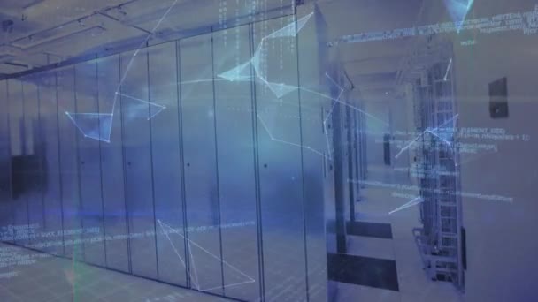 Animation Data Processing Globe Plexus Networks Spinning Computer Server Room — Vídeo de Stock
