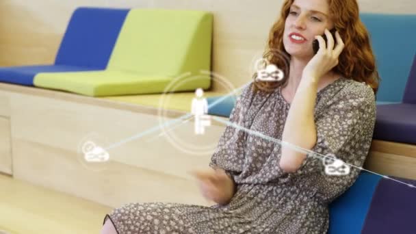 Animation Network People Cloud Icons Happy Caucasian Woman Talking Smartphone — Wideo stockowe