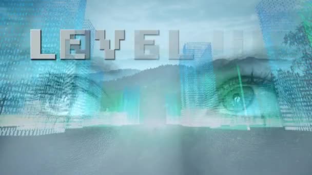 Animation Level Text Cityscape Woman Looking Digital Composite Human Eye — Stockvideo