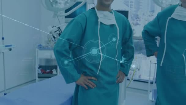 Анімація Сполучних Точок Усміхненими Кавказькими Чоловічими Хірургами Операційній Кімнаті Комп — стокове відео