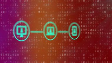 Animation of computer, laptop and smartphone connection with binary coding in background. Motion graphics, networking, programming, communication, computer language.