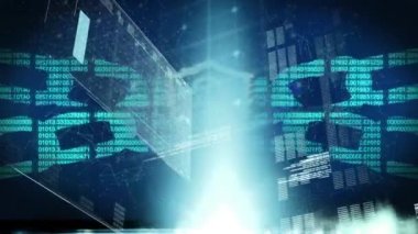 Animation of hud interface with blockchains, shield and graphs with dots interconnecting lines. Digitally generated, hologram, infographic, security, finance and technology concept.