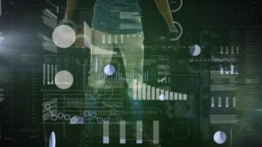 Animation of interface processing data over biracial male american football player holding ball. Sport, competition, technology and digital interface concept digitally generated video.