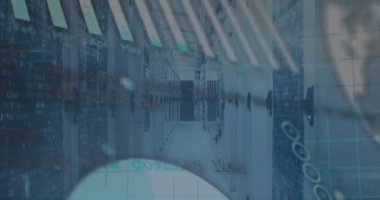 Animation of 6g text and data processing on charts and graphs over computer server room. Global communication, business, data and digital interface concept digitally generated video.