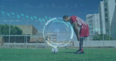 Animation of data processing over rugby players at stadium. Global sports competition and data processing concept digitally generated video.