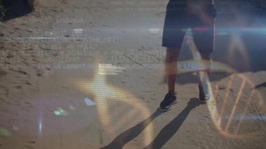 Animation of screen with scientific data and dna over legs of caucasian man running. Sport, fitness and biological function monitoring concept digitally generated video.
