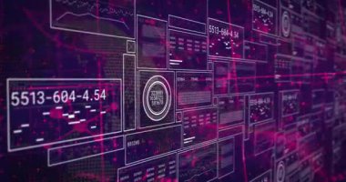 Animation of digital interface screens with charts, graphs and data over abstract background. Hologram, digitally generated, multiple exposure, infographic, futuristic and technology concept.