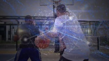 Animation of communication network over diverse male coach and teams playing basketball indoors. Communication network, sport, competition and digital interface concept digitally generated video.