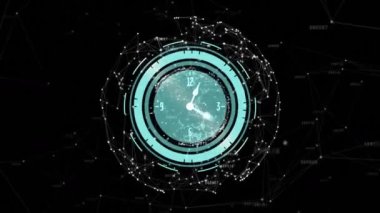 Animation of ticking clock and globe of network of connections against black background. Global networking and business technology concept