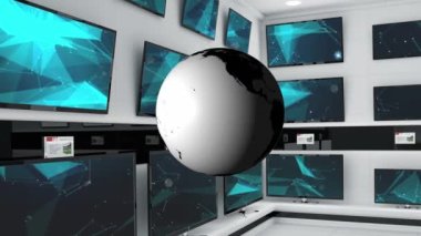 Animation of globe over wall with tv screens. Media, television, communication and information concept digitally generated video.