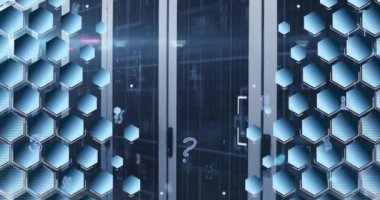 Animation of numbers and data processing over computer servers. Global computing, connections, data processing and digital interface concept digitally generated video.