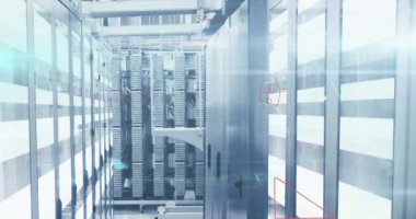 Animation of 6g text, globe and maths calculations over computer server room. Global communication, research, data and network concept digitally generated video.