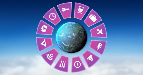 Animation Travel Icons Globe Sky Background Global Travel Technology Digital — Stockvideo