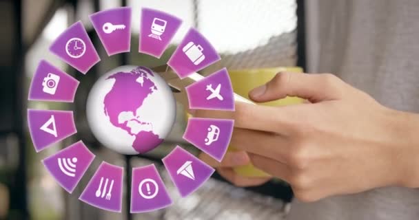 Animation Travel Icons Globe Caucasian Man Using Smartphone Background Global — Stockvideo