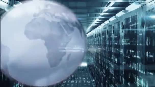 Animation Spinning Globe Data Processing Computer Server Room Global Networking — Videoclip de stoc