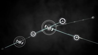 Animated 3d illustration of shopping cart icons connecting by digital lines over black background. Digital composite, online shopping, technology, futuristic, connection, networking, communication.
