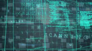 Animation of cyber security data processing over security padlock icon against blue background. Cyber security and business technology concept