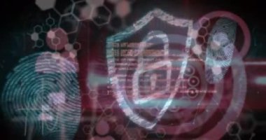 Animation of digital shield with padlock, fingerprint and chemical formulas on red background. Data safety, digital security, global network and technology concept digitally generated video.