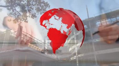 Animation of globe over city construction site and female architect at work. Global communication, business, construction and digital interface concept digitally generated video.