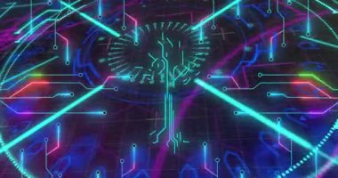 Animation of digital screen and integrated circuit in black digital space. Global network, , data and technology concept digitally generated video.