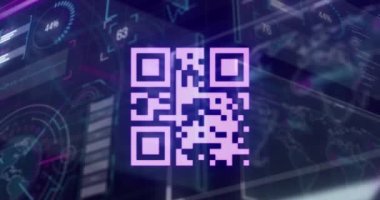 Animation of infographic data with hud with barcode, world map on digital interface. Digital composite, artificial intelligence, communication, cloud computing, technology, network security.