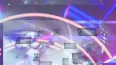 Animation of abstract neon light beams, infographic data processing on digital interface. Digital composite, artificial intelligence, global communication, cloud computing, technology, futuristic.