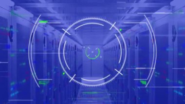 Animation of blue interface with circular scanner processing data over computer server room. Global communication, business, data and digital interface concept digitally generated video.