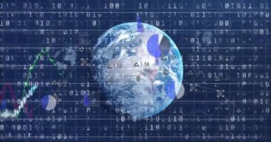 Animation of data processing over binary coding and globe. Global networks, computing, data processing and digital interface concept digitally generated video.
