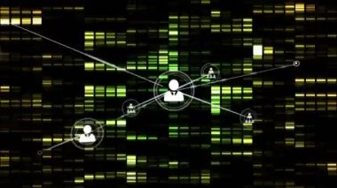 Animation of network of connections with icons over moving columns on black background. Global connections, computing and digital interface concept digitally generated video.