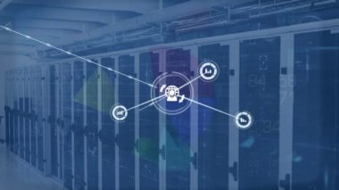 Animation of network of data icons and charts processing over computer server room. Global communication, business, data and digital interface concept digitally generated video.