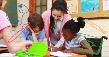 Animation of school supplies with caucasian teaching multiracial students in classroom. Digital composite, education, knowledge, diversity, togetherness.