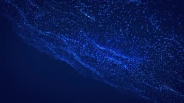 Animation of 3d neon blue abstract particles moving, connecting dots on computer graphic background. Digital composite, technology, ideas, innovation, creativity, science, futuristic.