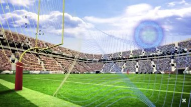 Animation of circular scanner and communication network over american football stadium pitch. Global communication, sport, competition and digital interface concept digitally generated video.